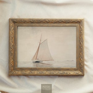 Muted Sailboat Painting, Vintage Framed Prints, Seascape Art, Antique Replica Ocean Oil Painting, Scenery Wall Art, Ornate Gold Framed #7