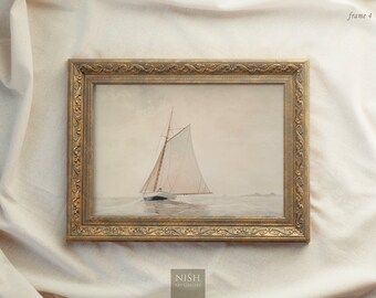 Muted Sailboat Painting, Vintage Framed Prints, Seascape Art, Antique Replica Ocean Oil Painting, Scenery Wall Art, Ornate Gold Framed #7