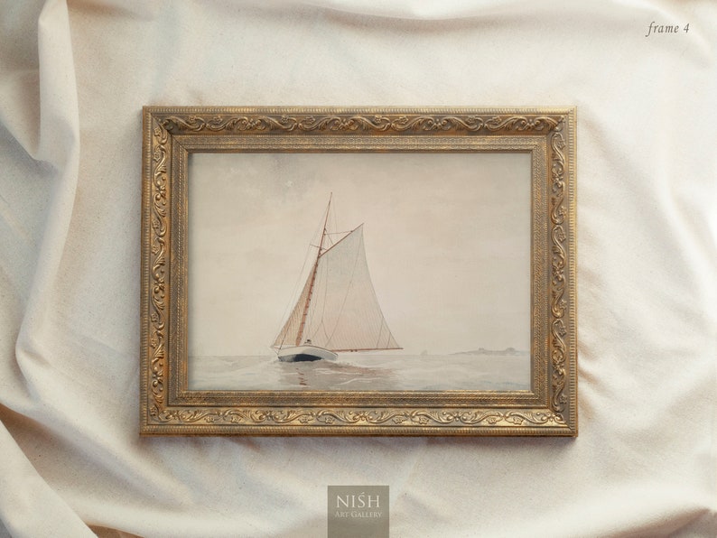 Muted Sailboat Painting, Vintage Framed Prints, Seascape Art, Antique Replica Ocean Oil Painting, Scenery Wall Art, Ornate Gold Framed 7 Frame 4