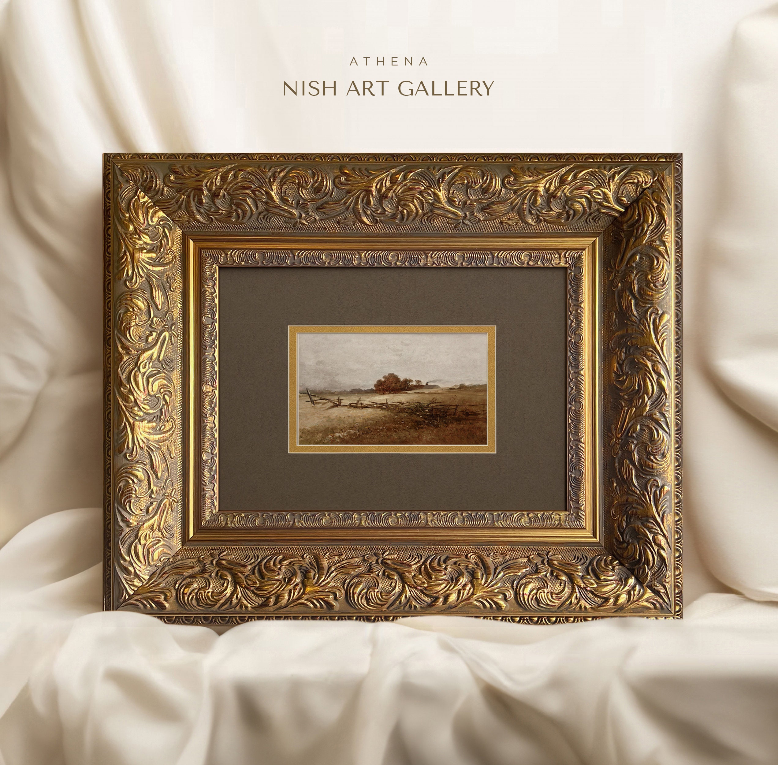 絵画☆風景画　木製額☆アンティーク ヴィンテージ風景画：ゴールドマット仕上げのアンティークウォール