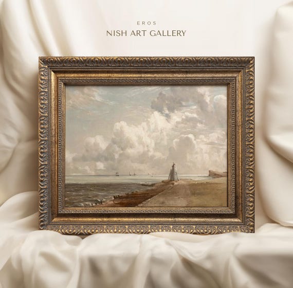 Framed Coastal Landscape Print: Vintage Neutral Painting, Farmhouse Wall Art #201