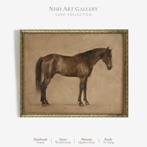 May include: A framed wall art print featuring a brown horse standing in profile against a neutral beige background. The artwork is enclosed in an ornate, textured gold-toned wooden frame. Text at the top reads NISH ART GALLERY LUSH COLLECTION.