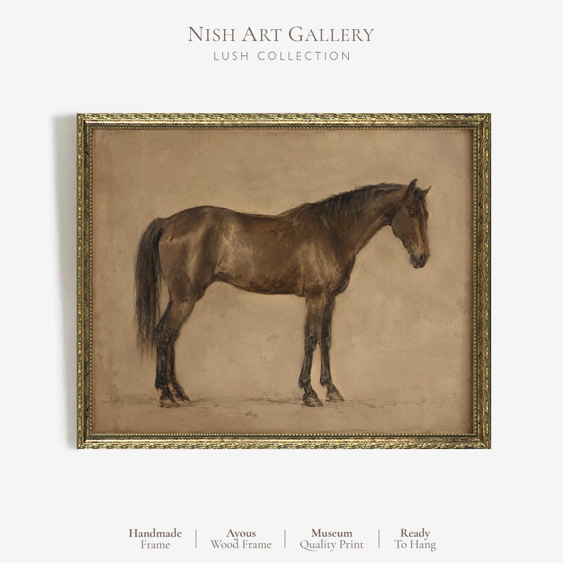 May include: A framed wall art print featuring a brown horse standing in profile against a neutral beige background. The artwork is enclosed in an ornate, textured gold-toned wooden frame. Text at the top reads NISH ART GALLERY LUSH COLLECTION.