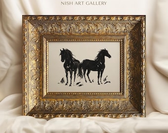 Black Horse Sketch Framed Print, Equestrian Wall Art, Rustic Farmhouse Western Decor