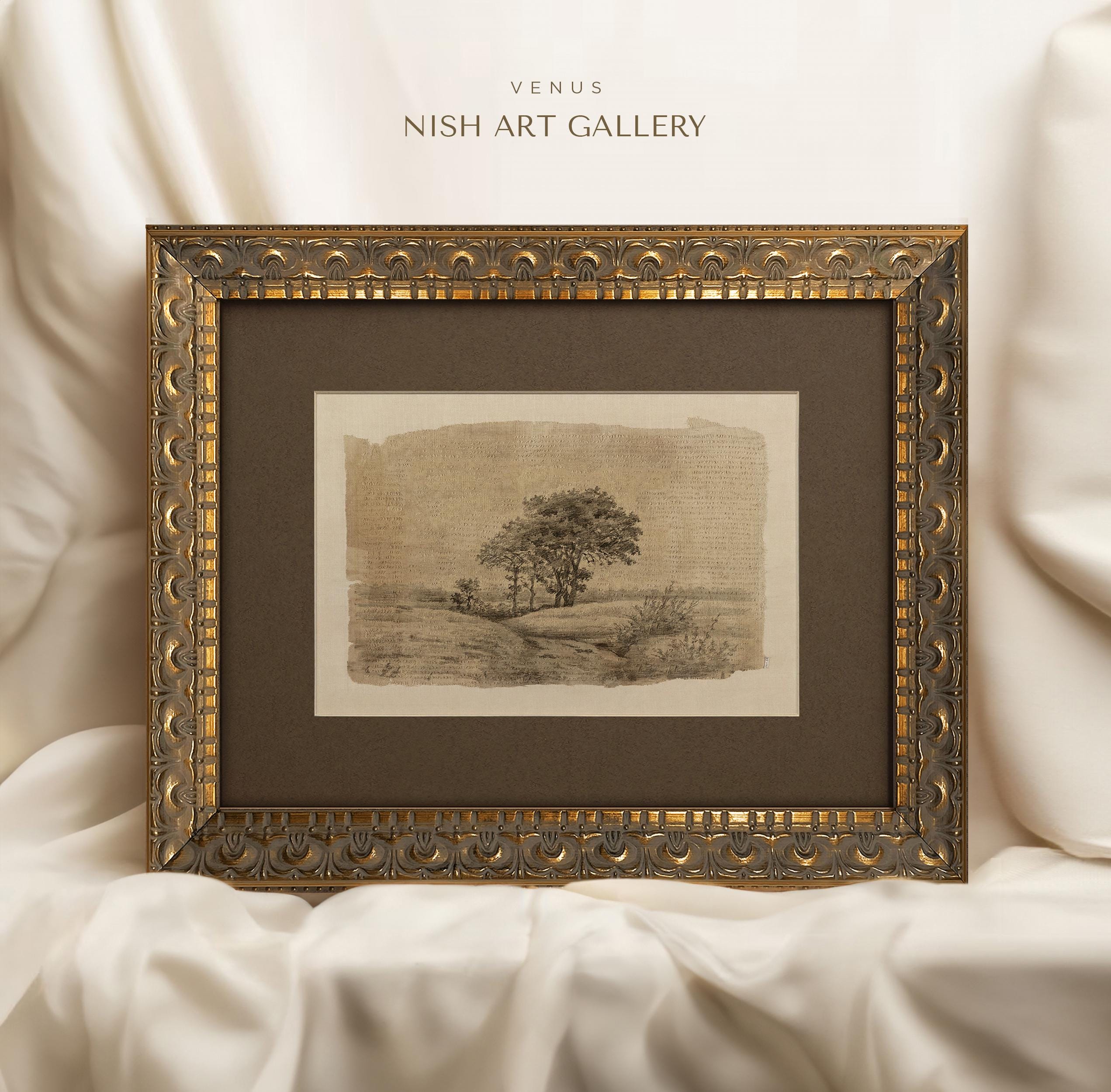 額入り木のスケッチアートプリント：ヴィンテージファームハウス