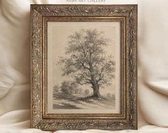 Large Oak Tree Sketch Print, Vintage Drawing, Rustic Farmhouse Nature Wall Art
