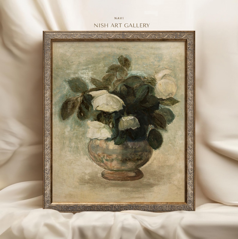 Vintage White Rose Framed Print: Antique Floral Still Life #281 NAVI