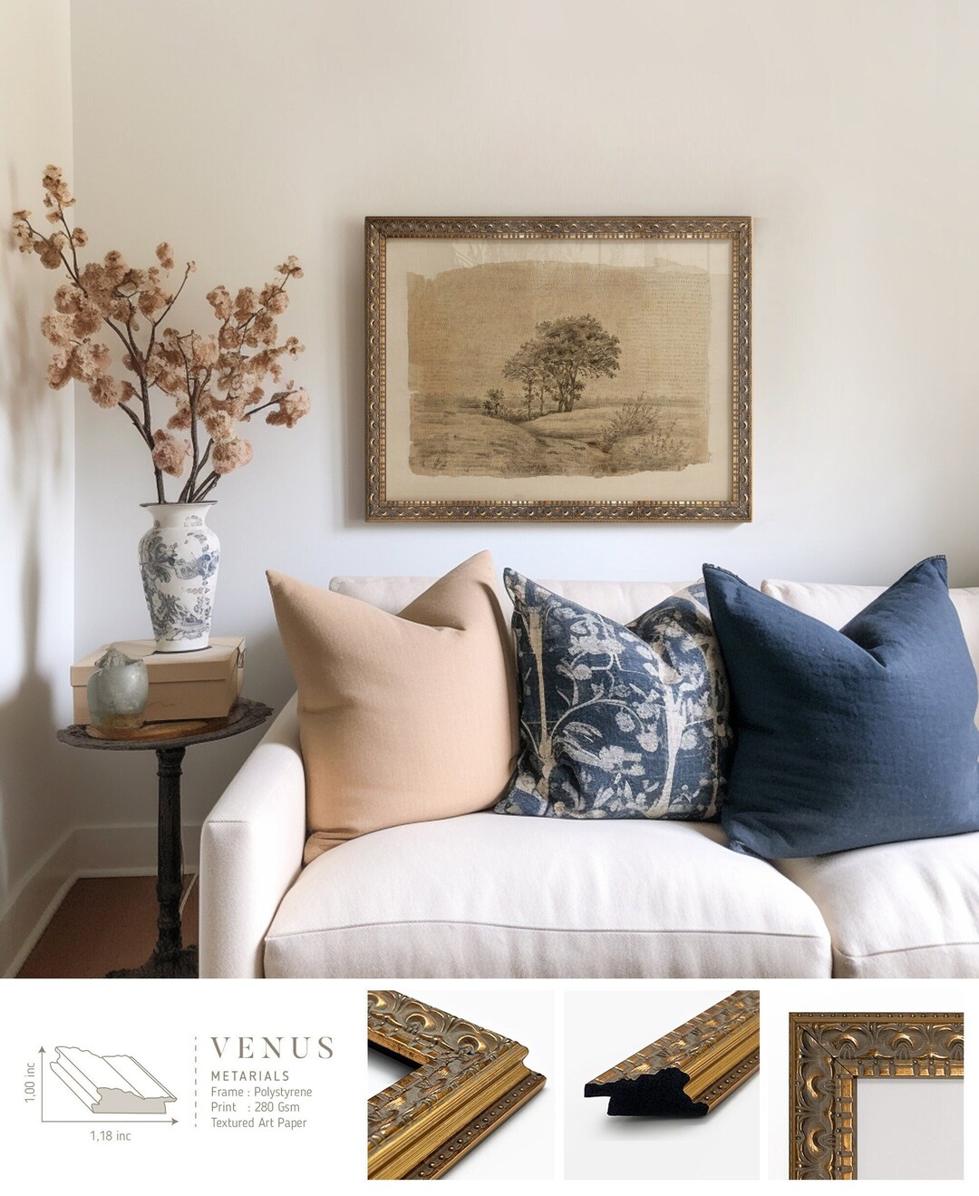 Framed Vintage Print, Vintage Art Prints Framed, Neutral Tree Sketch