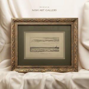 Vintage Gold Framed Wall Art, Sage Green Matted, Seascape Framed Sketch, Antique Sailboat Drawing, Transitional Home Decor, Sailor Gift #50