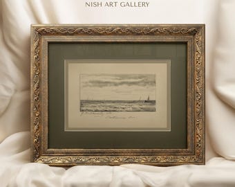 Vintage Gold Framed Wall Art, Sage Green Matted, Seascape Framed Sketch, Antique Sailboat Drawing, Transitional Home Decor, Sailor Gift #50