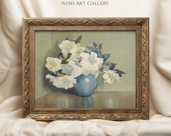 額装されたヴィンテージ花柄プリント：花瓶に入った白い花、複製画