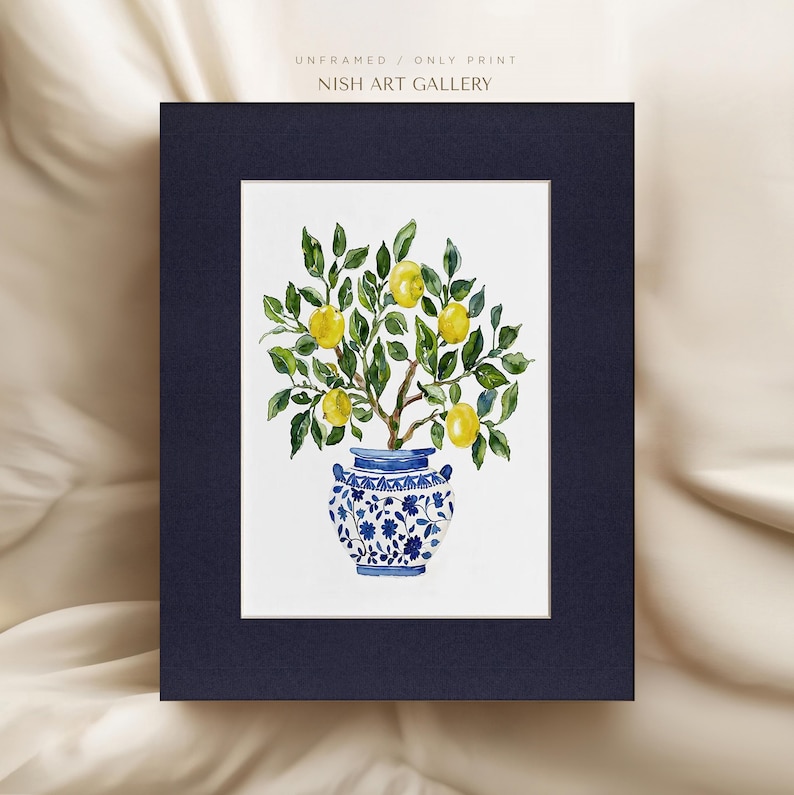 Framed Lemon Tree Painting Print: Gold Foil Frame, Textured Art Paper #135 Unframed Mat + Print