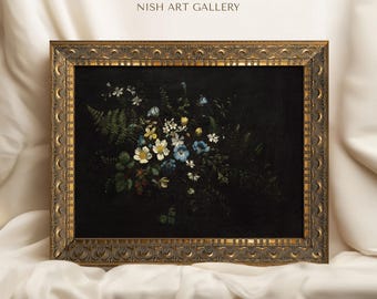May include: A framed painting depicting a bouquet of flowers in shades of white, blue, and green. The flowers are arranged in a vase and are set against a dark background. The frame is ornate and gold in colour. The painting is titled "Venus" and is from the "Nish Art Gallery".
