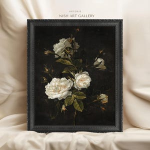 Framed Vintage Floral Print, White Roses Print, Vintage Art Print Framed, Still Life Botanical Painting, Vintage Flowers Art #418