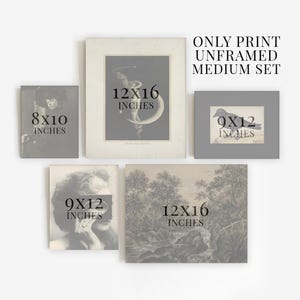 Pu&ograve; includere: Set di quattro stampe non incorniciate in bianco e nero. Le stampe mostrano una donna, un uccello, una scena di bosco e una donna con una tazza. Le stampe sono etichettate con le loro dimensioni in pollici: 8x10, 9x12, 12x16.
