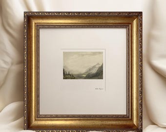 アンティーク　油絵　風景画 金色フレーム付き 風景油絵プリント：ゴールドフレームのマットアート、トランジショナル