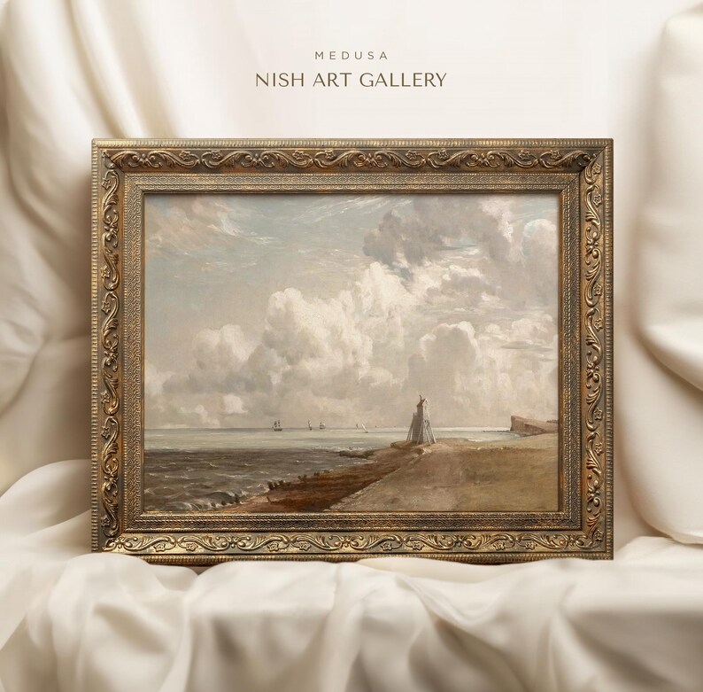 May include: A framed painting depicting a seascape with a cloudy sky and a distant shoreline. The painting is in a gold frame with ornate details. The title "MEDUSA NISH ART GALLERY" is visible at the top of the image.