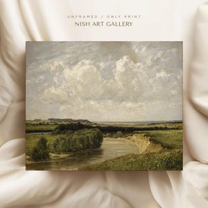May include: A painting of a river winding through a green field with a large white cloud in the sky. The painting is in a rustic wooden frame.
