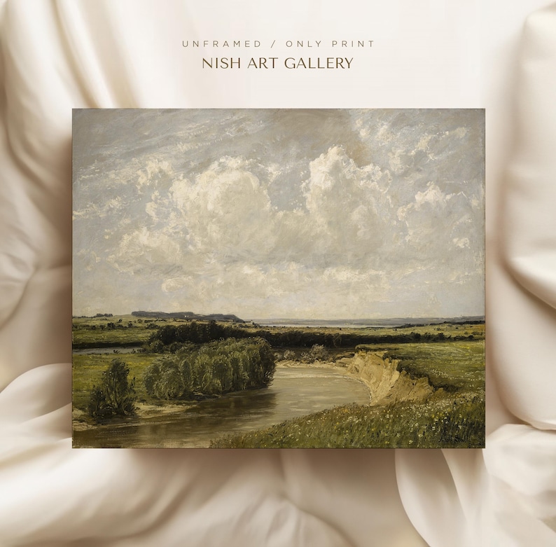 May include: A painting of a river winding through a green field with a large white cloud in the sky. The painting is in a rustic wooden frame.