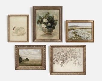 Zestaw ścienny w ramie Vintage Gallery, zestaw 5 wydruków, rustykalny wystrój wiejski, mroczny, nastrojowy zestaw ścienny, wystrój domu, dekoracja ścienna, oprawiony wydruk artystyczny nr 80