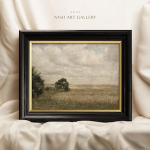 Vintage Green Meadow Landscape Print: Gold & Black Frame #160