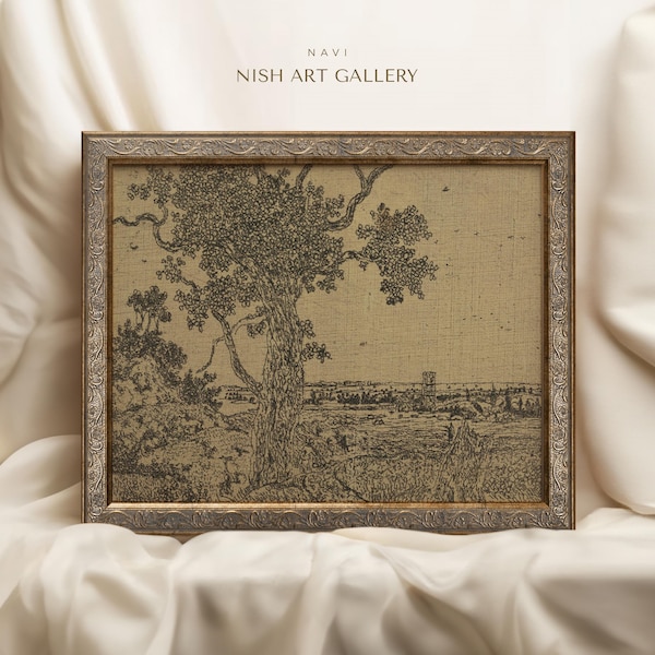 Framed Vintage Tree Sketch Art Print: Rustic Woodland Landscape #102