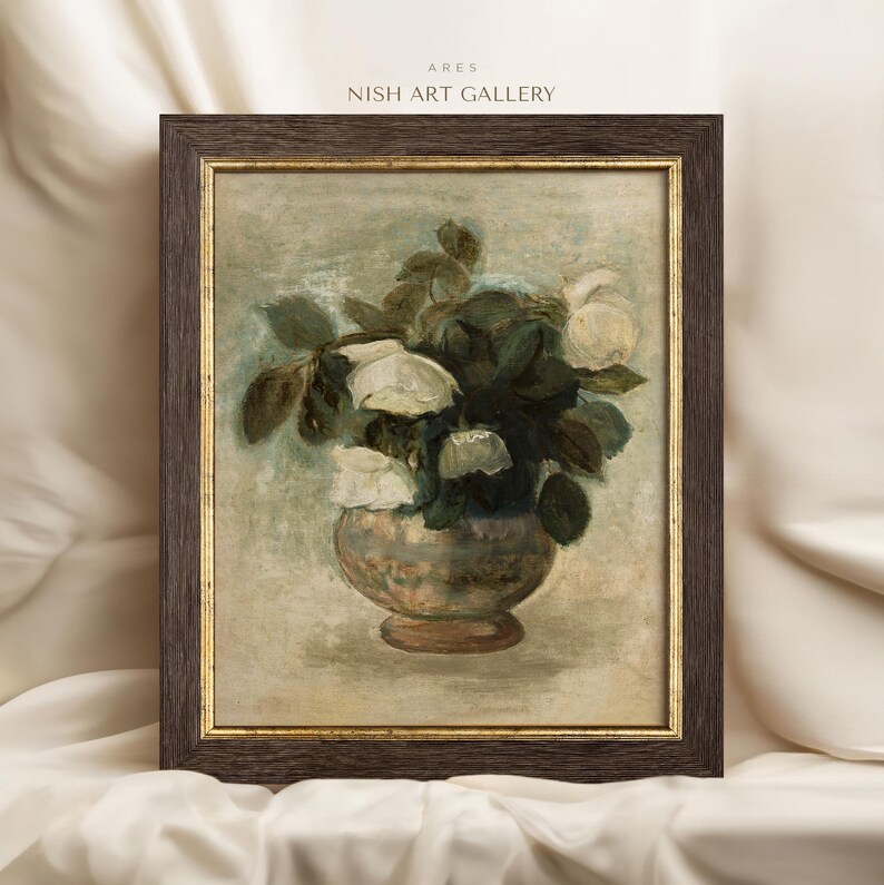 May include: A framed painting of a still life featuring a bouquet of white roses in a ceramic vase. The roses are arranged in a vase with a light brown and green pattern. The background is a light blue-green color.