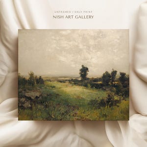 May include: A painting depicting a landscape with a cloudy sky, green grass, and trees. The painting is rendered in a muted colour palette with shades of green, brown, and blue.