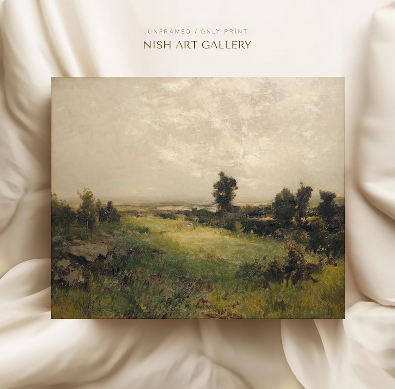 May include: A painting depicting a landscape with a cloudy sky, green grass, and trees. The painting is rendered in a muted colour palette with shades of green, brown, and blue.