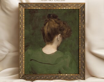 ヴィンテージ 女性肖像画 オーバル額装 絵画 インテリアアート 中古 NO.27】後ろ姿のドレス女性インテリアアートポスター☆絵画油絵