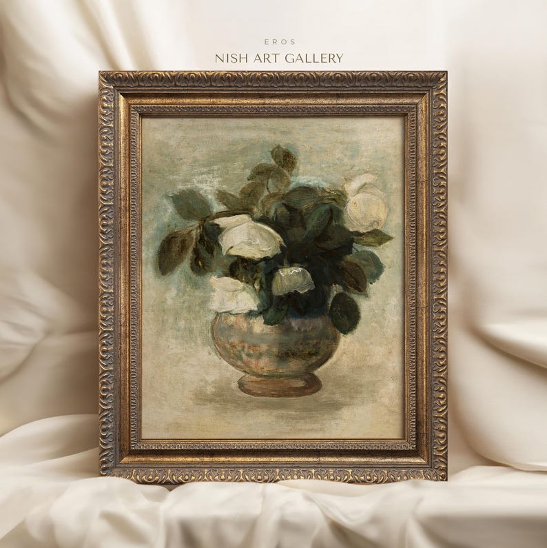 May include: A framed painting of a bouquet of white roses in a vase. The roses are arranged in a vase with a light brown and green pattern. The painting is set against a light blue background.