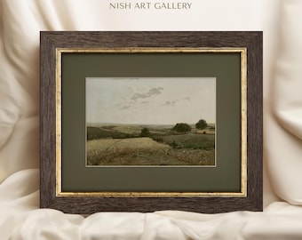 May include: Framed landscape art print featuring a serene countryside scene with fields, trees, and a cloudy sky. The artwork is set within a dark brown wooden frame with a gold inner border. The text "ARES NISH ART GALLERY" is at the top.