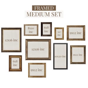 May include: A collection of framed art in various sizes, including 12x16 inch, 8x10 inch, 6x8 inch, 5x7 inch, 9x12 inch, and 10x20 inch frames. The frames have different styles and colors, with a neutral background.