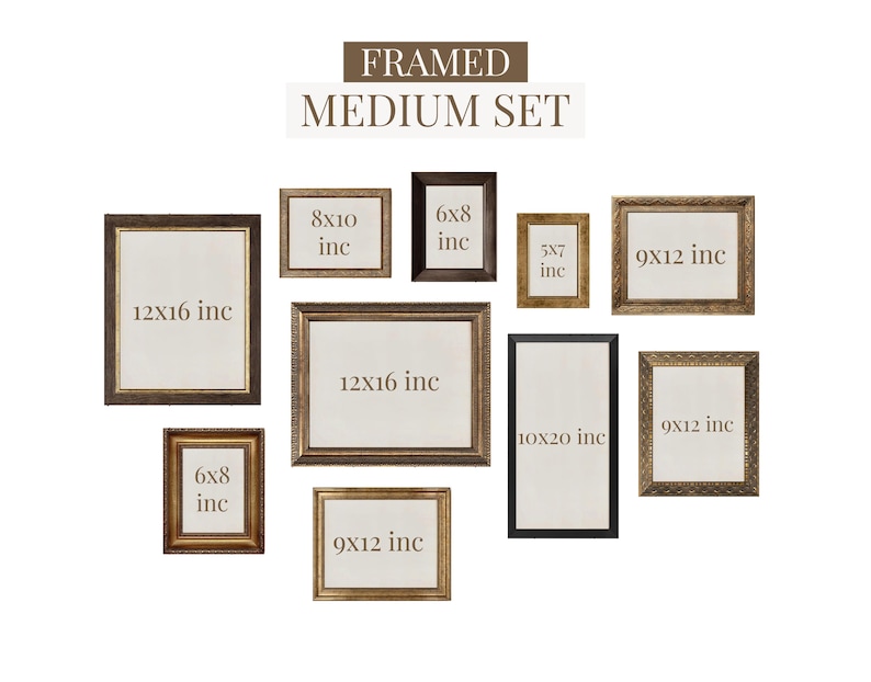 May include: A collection of framed art in various sizes, including 12x16 inch, 8x10 inch, 6x8 inch, 5x7 inch, 9x12 inch, and 10x20 inch frames. The frames have different styles and colors, with a neutral background.