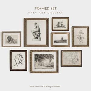 FRAMED Vintage Sketch Wall Art Set, Neutral Gallery Wall Set, Drawing Print Set, Farmhouse Decor, Wall Decor, Framed Print Set #408