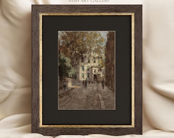 May include: A framed painting depicting a street scene with buildings and trees. The painting is in a dark brown frame with a gold trim. The painting is titled "ARES NISH ART GALLERY".