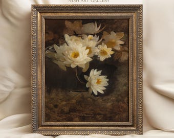 May include: A framed painting of white water lilies in a vase. The painting has a dark background and is framed in a gold frame.