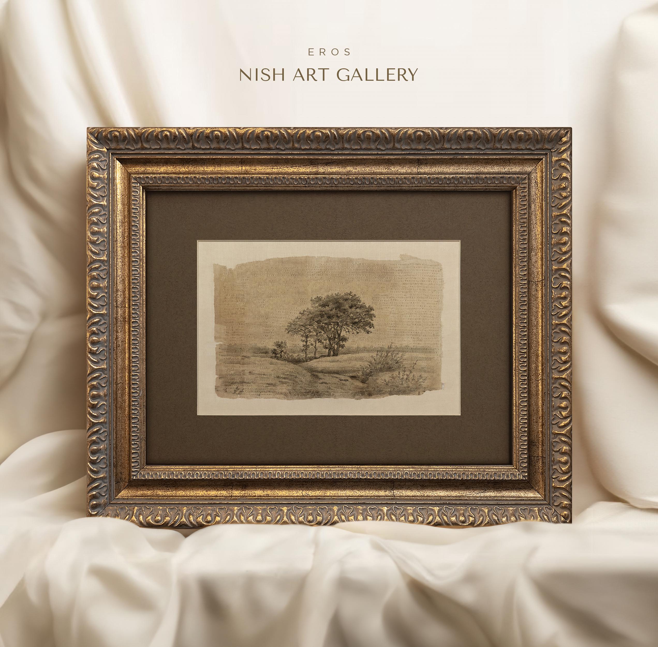 額入り木のスケッチアートプリント：ヴィンテージファームハウス