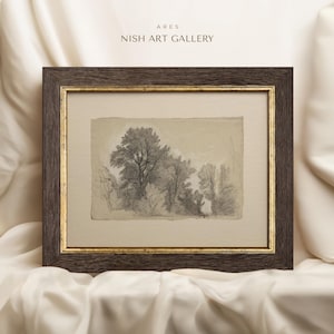 May include: A framed black and white pencil drawing of a forest scene with trees and foliage. The frame is brown with a gold trim. The title "ARES NISH ART GALLERY" is printed at the top of the image.