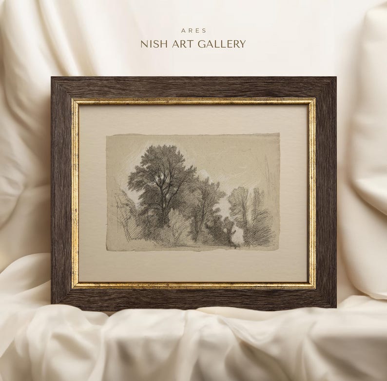 May include: A framed black and white pencil drawing of a forest scene with trees and foliage. The frame is brown with a gold trim. The title "ARES NISH ART GALLERY" is printed at the top of the image.