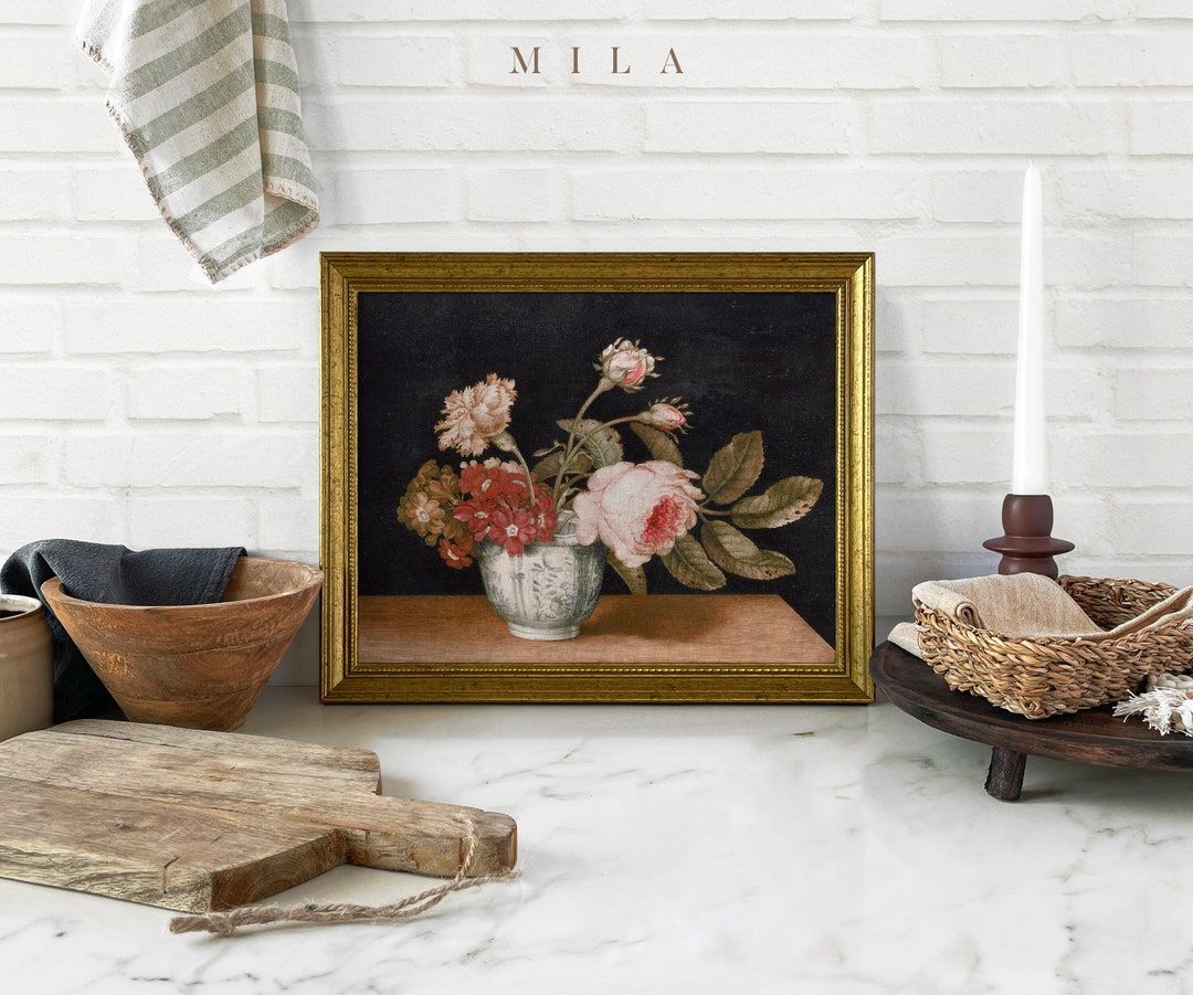 Framed Vintage Wall Art, Gold Frame Art, Sill Life Flower Painting