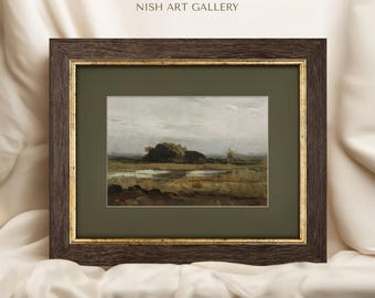May include: A framed landscape painting depicting a field with a small group of trees in the distance. The painting is in a dark brown frame with a gold inner border.