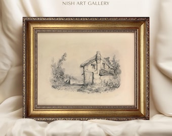 May include: A black and white pencil drawing of a small cottage with a thatched roof, framed in a gold ornate frame. The drawing is titled "Asteria Nish Art Gallery".