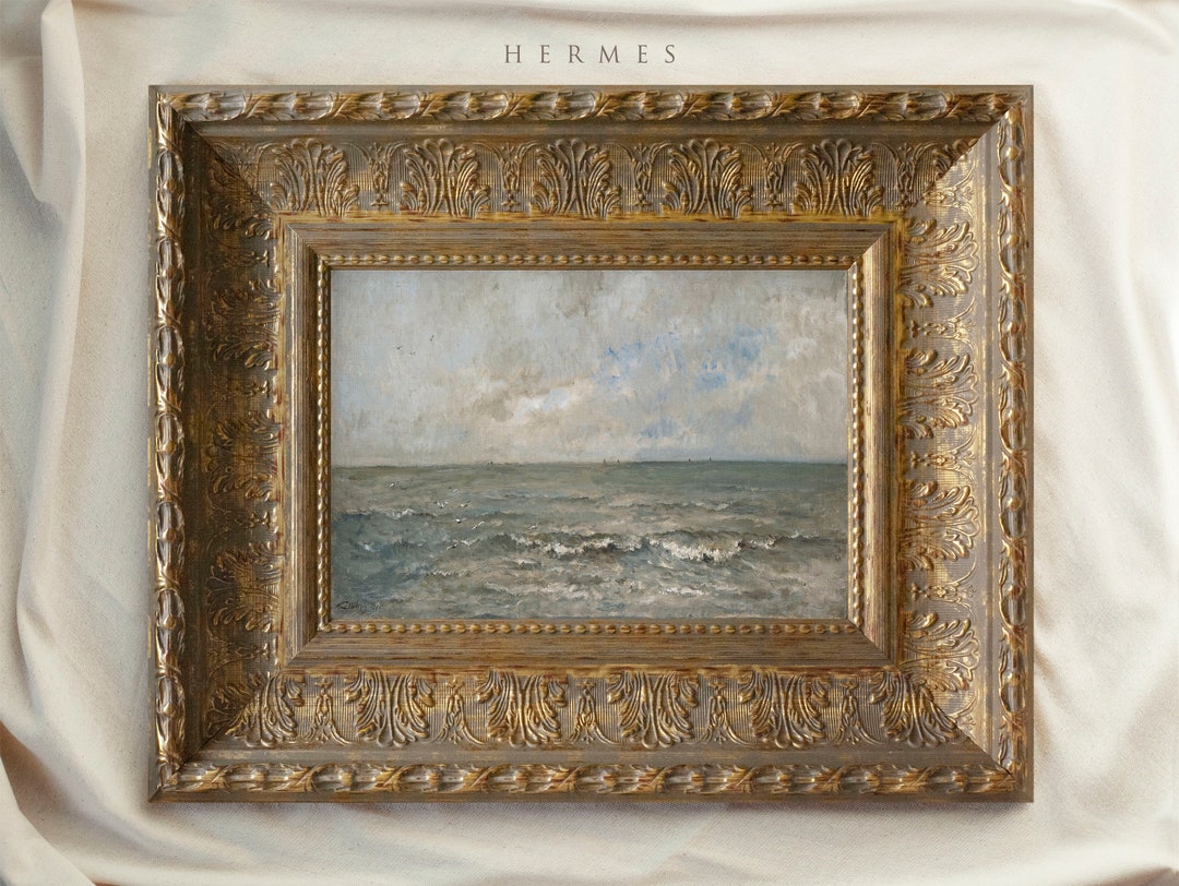 Vintage Art Framed, Vintage Muted Seascape Painting, Shelving Decor