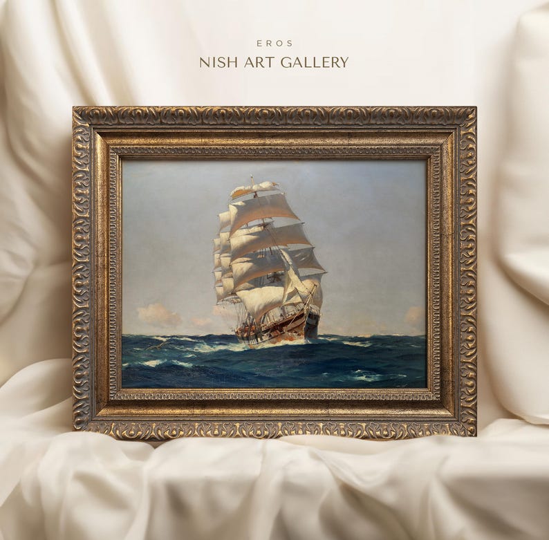 May include: A framed painting of a large sailing ship with white sails on a blue ocean. The frame is gold with ornate details. The painting is titled "EROS NISH ART GALLERY".