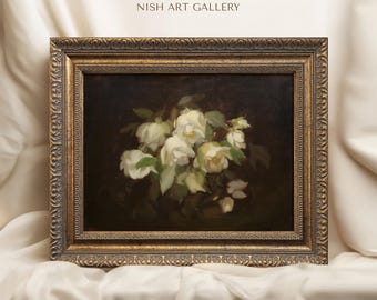 May include: An oil painting of a bouquet of white roses, framed in a gold frame with ornate detailing. The painting is titled "EROS NISH ART GALLERY".