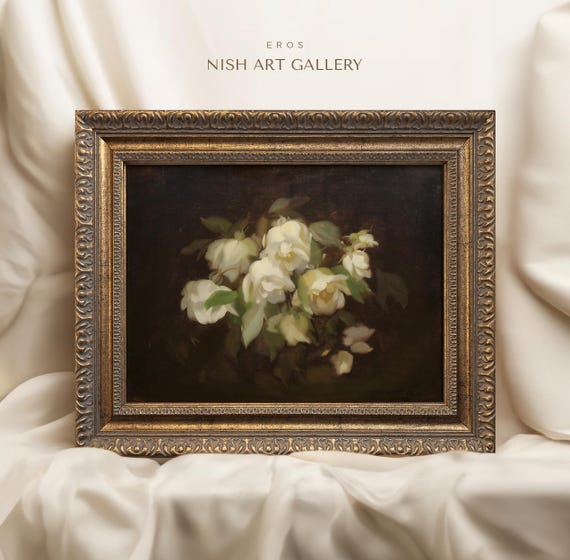 Vintage White Roses Print: Botanical Oil Painting in Ornate Gold Frame #233