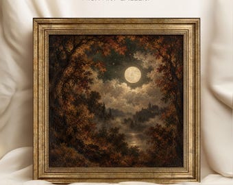 Halloween Moon Landscape Framed Print, Vintage Gothic Fall Wall Art, Dark Cottage Forest Decor