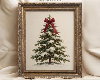 Christmas Tree Framed Print, Vintage Holiday Wall Art, Red Bow Winter Cottage Farmhouse Decor