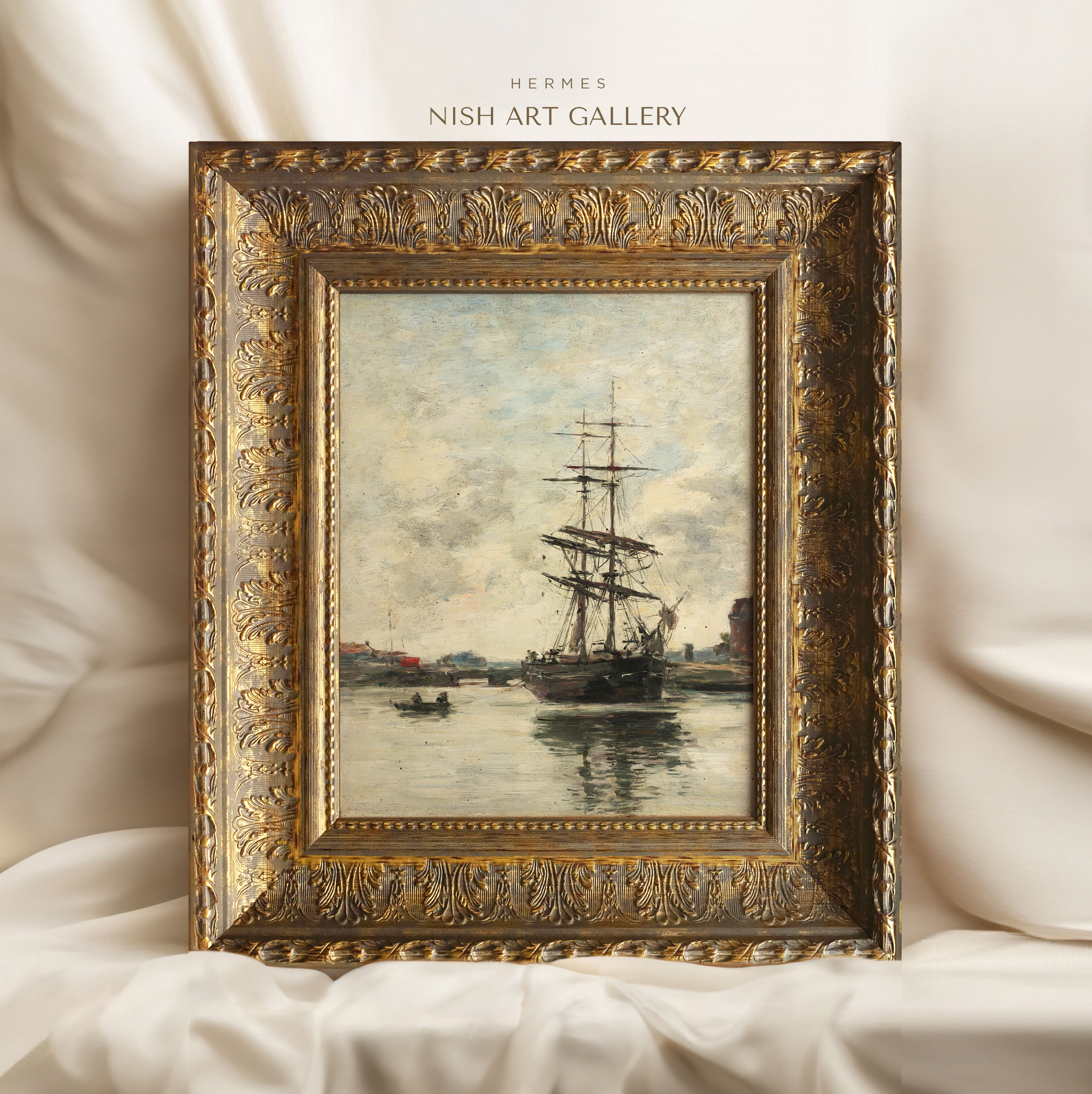Vintage Sailboat Print: Coastal Nautical Wall Art in Ornate Gold Frame ...